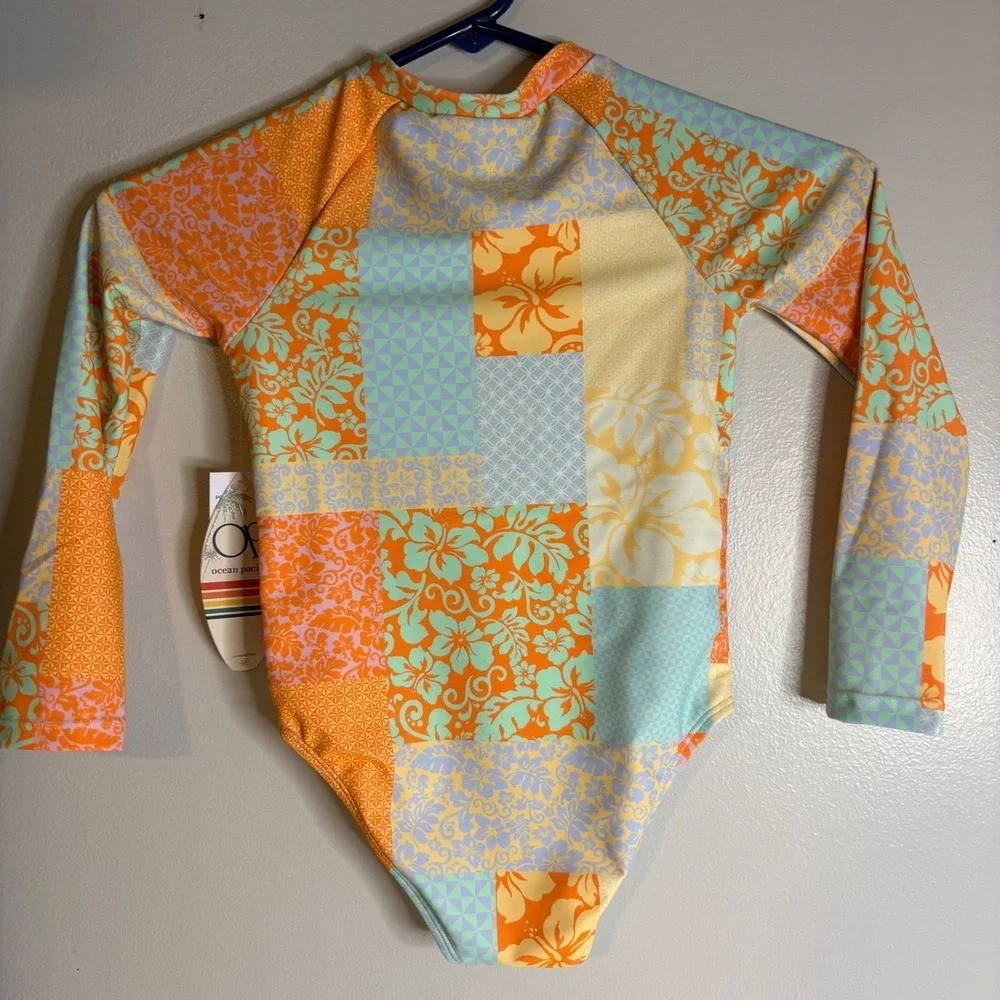Ocean Pacific Kids Girls Size 6X Orange Patchwork Floral Rash Guard Swimsuit NWT